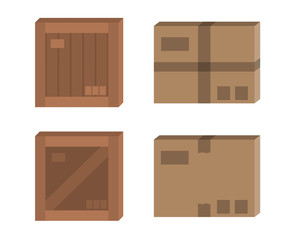 Vector cardboard box mockup set. Carton and wooden box flat illustration.