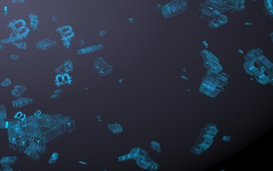 Fototapeta premium Digital currency symbol Bitcoin on a dark background. Fall of bitcoin. crypto currency graph on virtual screen. Business, Finance and technology concept. 3D illustration