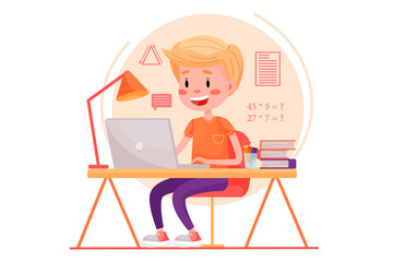 Boy is studying online with the laptop by the table at home. Vector flat illustration for websites on white isolated background. Quarantine stay home pandemic