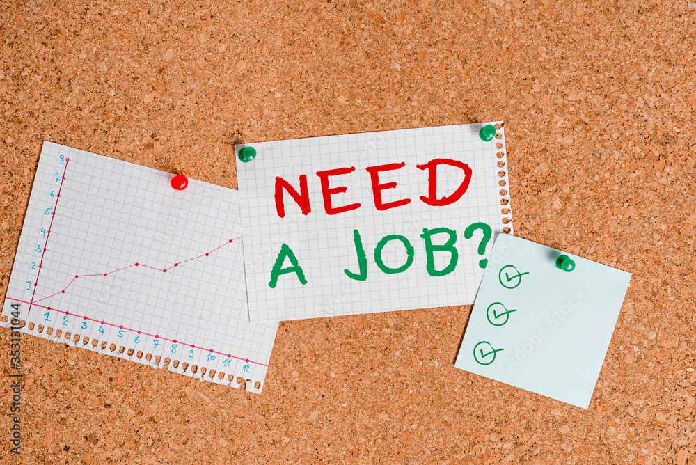 Poster writing note showing need a job question. business concept for to recruit an individual for specific