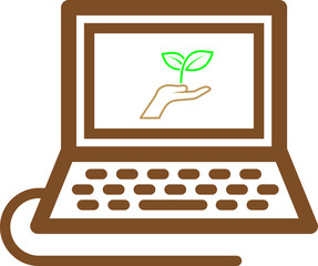 hand holding a plant in laptop computer on white background. 