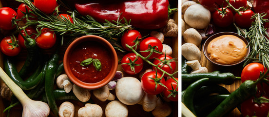 collage of delicious sauces in bowls near fresh ripe vegetables, rosemary and mushrooms