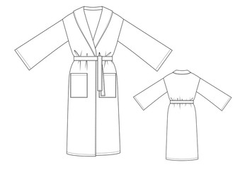 Fashion illustration of bathrobe. Technical drawing wrap coat