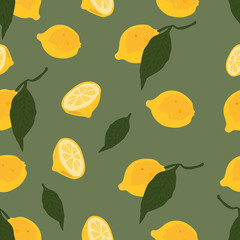 Seamless pattern with Fresh lemon fruits with green leaves. Yellow fruits on a green background. A whole lemon. Ripe citrus. Doodle Minimal style. Vector stock illustration.
