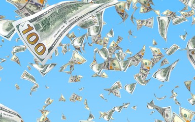 Flying dollars banknotes isolated on a blue background. Money is flying in the air. 100 US banknotes new sample. 3D illustration