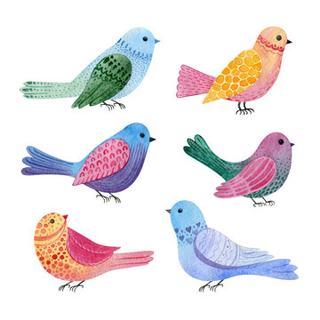 Set of cute colorful birds isolated on a white background. Watercolor clip art collection. Stylized hand-drawn illustration. Decorative elements for postcards, stickers, invitations design