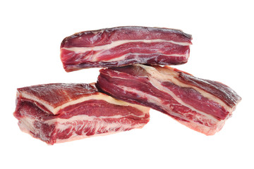 Three pieces of fat streaky beef for soup on white background