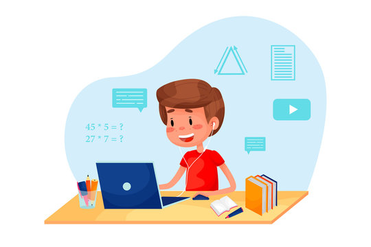 Boy is studying online with the laptop by the table at home.  flat illustration for websites on white isolated background. Quarantine stay home pandemic
