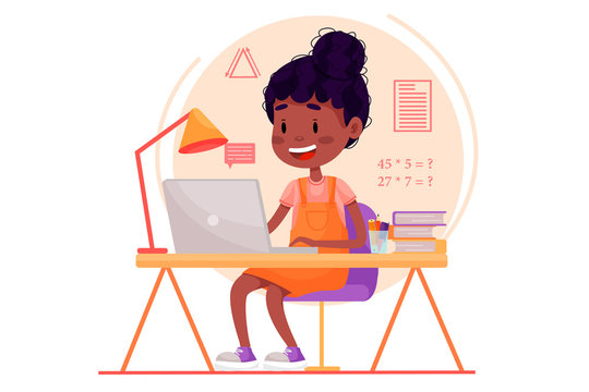 Girl is studying online with the laptop by the table at home.  flat illustration for websites on white isolated background. Quarantine stay home pandemic