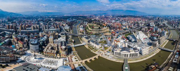 Wide panorama of Skopje city, Makedonia. Panoramic view of the city center if Skopje - obrazy, fototapety, plakaty