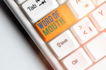 Writing note showing Word Of Mouth. Business concept for information that is transmitted without...