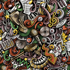 Fototapeta na wymiar Music hand drawn doodles seamless pattern. Musical instruments background. Cartoon fabric print design. Colorful vector art illustration