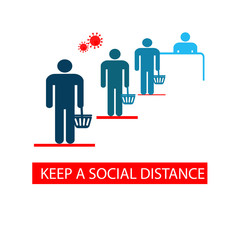 Keep a social distance while in the store. Keep a safe distance from other people. Icon. Sticker. Vector flat illustration