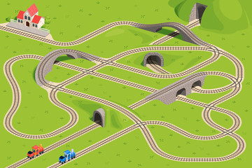 Two trains travel on intersecting rails. Guess which train will arrive at the station. Children's game riddle picture.