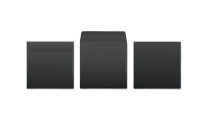 Black square envelope mockup - open and closed from front and back view