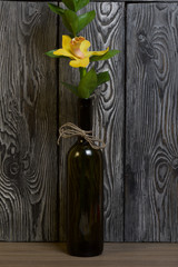 Cymbidium orchid flower in a glass bottle. Against the background of painted pine boards.