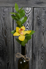 Cymbidium orchid flower in a glass bottle. Against the background of painted pine boards.