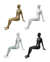 Mannequin for clothes. Female body in a sitting pose. Female mannequin sits sideways. Storefront design for shops. Set of female mannequin white, black, transparent, gold color.