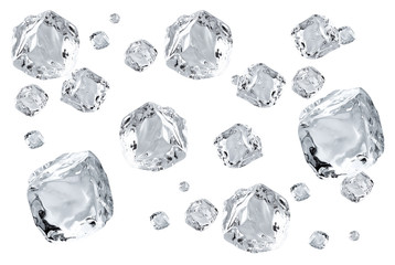 Falling crystal clear, transparent ice cubes in space isolated on white background