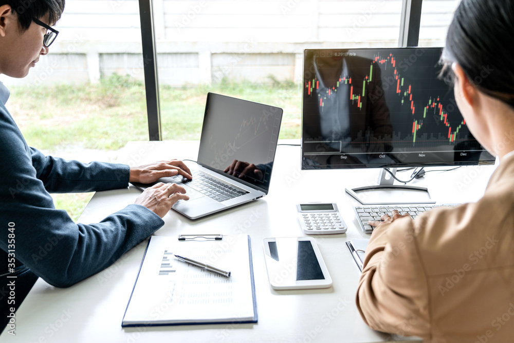 Poster business team partner working with computer, laptop, discussion and analyzing graph stock market tra