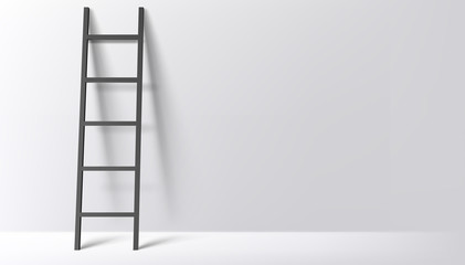 Black ladder on light grey wall background with shadow. Vector illustration - obrazy, fototapety, plakaty