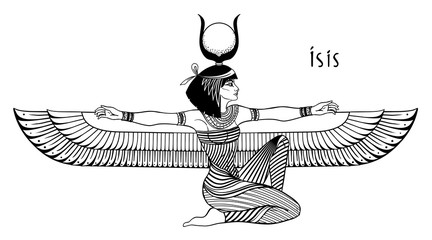 Isis, goddess of life and magic in Egyptian mythology. One of the greatest goddesses of Ancient Egypt, protects women, children, heals sick. Vector isolated illustration in black and white. Winged