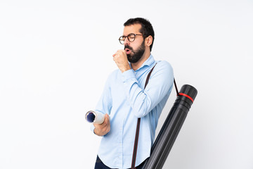 Naklejka premium Young architect man with beard over isolated white background is suffering with cough and feeling bad