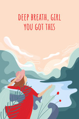 Motivational Card design concept. Deep breath. Woman standing on top of a mountain or cliff and looking straight on the sun. Vector cartoon illustration for postacrd, banner, flyer or poster.