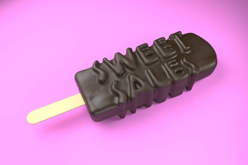 Sweet sales illustration for your advertisement with chocolate ice cream on a wooden stick on a pink background