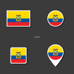 Ecuador flag icon set in different shape (rectangle, circle, square and marker icon) on dark grey background. Ecuador sticker icon collection on barely dark background.