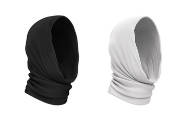 Headgear, buff, scarf, hat, hood in white and black color. Blank template, mock up for design. 3d realistic illustration. Invisible Man. Faceless person. Ñape, clothes, costume.