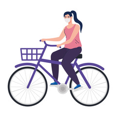 woman in bike using medical protective mask against covid 19 vector illustration design