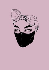 Face mask medical fashion illustration. Beautiful fashion woman portrait hand-drawn portrait in a protective mask. Fashion health care illustration. Ink vogue sketch girly fashion silhouette eyes art
