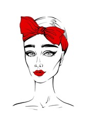 Style woman in hat hand-drawn sketch. Fashion portrait illustration realistic face of the woman in hat hairstyle bow. Arrows cat eyes shiny lipstick minimalism sketch in black and white retro style