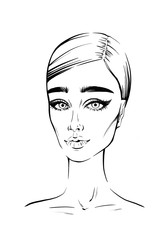 Fashion beautiful woman ink portrait. Hand drew tillustration for black and white print woman face with long eyelashes art. Black white sketch of young woman hairstyle minimalistic, girl face portrait
