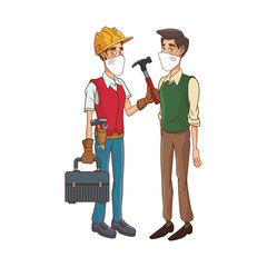builder using medical mask with hammer and man