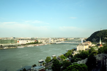 Naklejka premium Aerial view of Budapest from Buda hill, with the Danube river and the Erzsebet bridge. Budapest is the capital city of Hungary and one of the main touristic destinations in the region