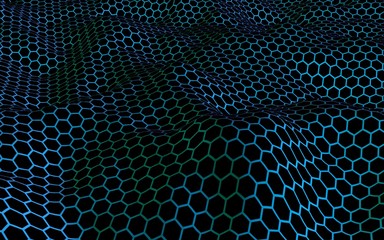 Honeycomb blue wave effect on a dark background. Perspective view on polygon look like honeycomb. Isometric geometry. 3D illustration