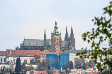 Panorama of the Old Town of Prague, Czech Republic, with a focus on Hradcany hill and the Prague Castle with the St Vitus Cathedral (Prazsky hill) seen from the Vltava river.