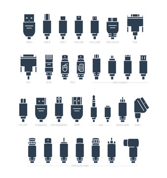 Audio, Video and Computer Cable Connectors Vector Icon Set in Glyph Style