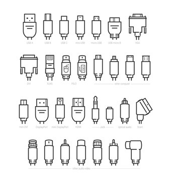 Audio, Video And Computer Cable Connectors Vector Icon Set In Outline Style