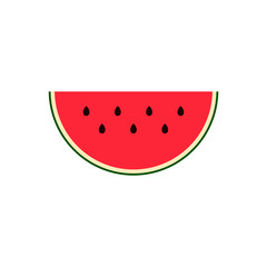 Watermelon slice Isolated on white background. Flat icon of fresh fruit. Colorful bright summer food. Sweet treat image. Red pink semicircular melon with seeds. Vector minimalistic stock illustration