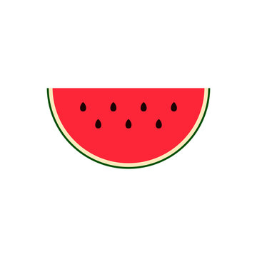 Watermelon slice Isolated on white background. Flat icon of fresh fruit. Colorful bright summer food. Sweet treat image. Red pink semicircular melon with seeds. Vector minimalistic stock illustration