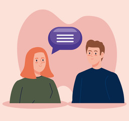 woman talking with man with speech bubble vector illustration design