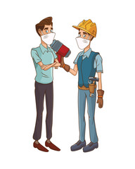 builder using medical mask with drill and man