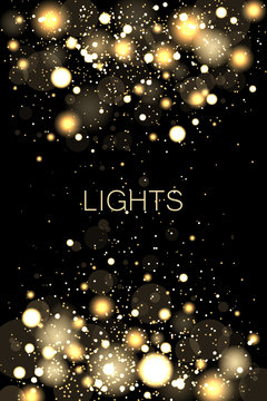 Circle bokeh lights texture backdrop. Luxury gold glitter confetti, yellow golden shiny explosion. Dust white. Sparkling magical dust particles. Magic concept. 