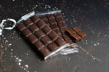 bar of dark chocolate in plastic packaging