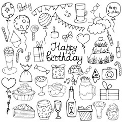 Set with festive decoration. Inscription - Happy Birthday. Vector isolated illustration with elements for a holiday. Cute set with cake, balloons, candles, sweets. Doodle style. 