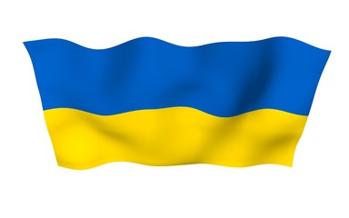 The flag of Ukraine on a white background. National flag and state ensign. Blue and yellow bicolour. 3D illustration waving flag