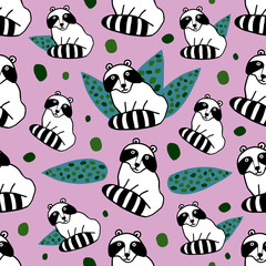 Cute raccoon and abstract green leaves. Seamless pattern in doodle style. Hand drawn vector illustration.